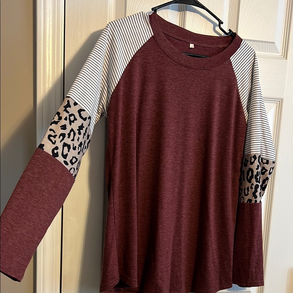 Women's Burgundy and Leopard Print Long Sleeve Top